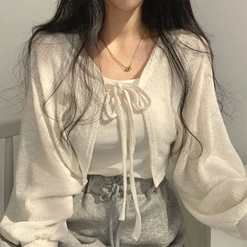 Korean Street Fashion Female - Summer Women Knitted Cardigan White Thin
