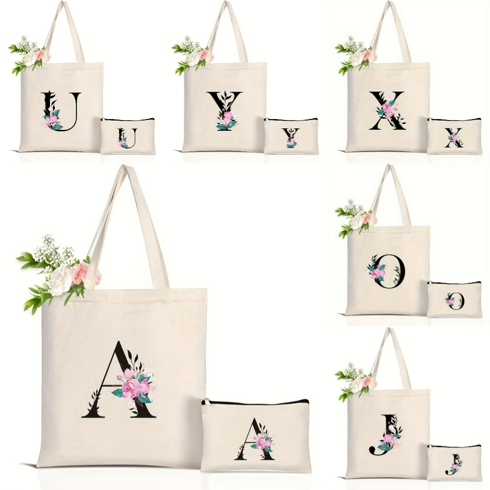 Tote Bag Canvas Print - Elegant Floral Alphabet Tote Bag Reusable