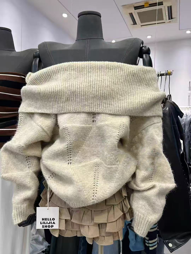 Fashion Slash Neck Knit Sweate - đánh giá và giá Korean Street Fashion Female